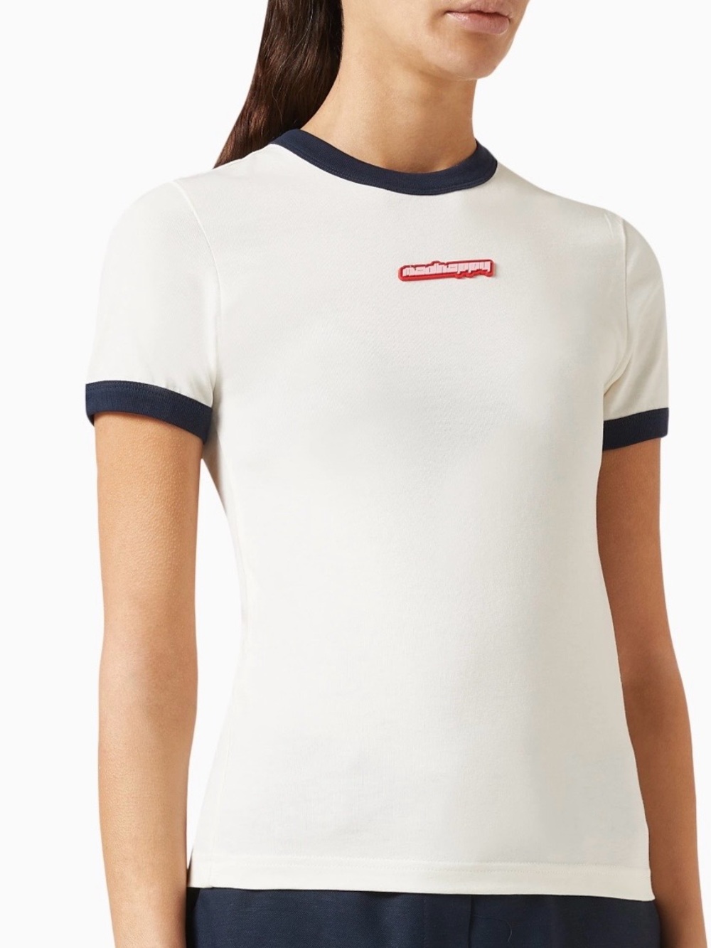 NWOT Madhappy Neutral Bound Tee with Navy Neckline and Red Logo Patch Size Large